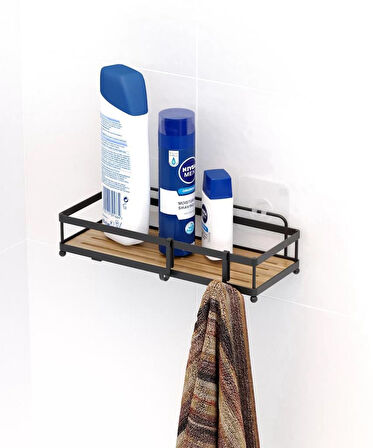Banyo Düzenleyici Yapışkanlı Metal Banyo Rafı İkili Duş Rafı Organizer Şampuanlık Mat Siyah-GNRL180