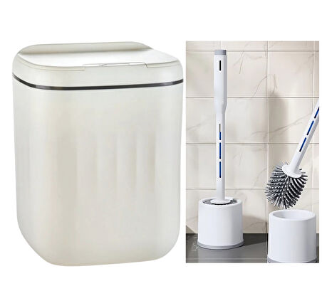 Sensörlü Çöp Kovası Antibakteriyel Uv Işıklı 20 Litre + Deterjan hazneli Beyaz Silikon Klozet Fırçası-BYS