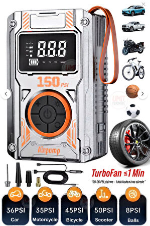 Taşınabilir Şarjlı Dijital Hava Kompresörü Hava Pompası 150 PSI, Araç, Motosiklet, Bisiklet Lastik Şişirme Pompası