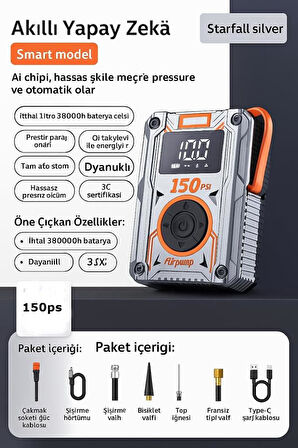 Taşınabilir Şarjlı Dijital Hava Kompresörü Hava Pompası 150 PSI, Araç, Motosiklet, Bisiklet Lastik Şişirme Pompası