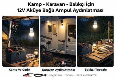 Aküden Bağlantılı Maşalı 30W 12V Led Ampul,lü E27 Duylu Anahtarlı Araç,Karavan,Kamp Seyyar Lamba 12/16A 2 X1,5mm TTR Bakır 10 Mt-Siyah