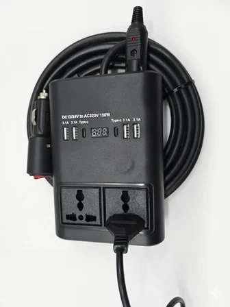 Araç Inverter 150W,Çakmak Uzatma Kablosu Çakmaklık,4 USB,2 Type-C çıkışlı 12V/16 A /120W 2 X1,5mm TTR Bakır 5Mt-GG25