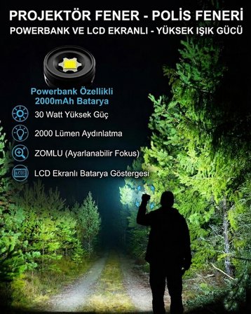 Projektör Fener Polis Feneri Powerbank 2000 Mah Batarya 30 Wat 2000 Lümen Zomlu Lcd Ekranlı Yüksek Işık Gücü-PR049