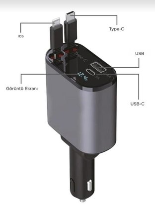 Araç İçi 120 Wat Hızlı Şarj Adaptörü Çakmaklık Adaptörü Iphone,Type-C Makaralı Şarj Kablollu-G16