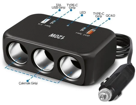 Araç Çakmak Uzatma Kablosu Çakmaklık Çoklayıcı USB,Type-C çıkışlı Hızlı şarj 12-24V/10A/120W 2 X1,5mm TTR Bakır 5Mt