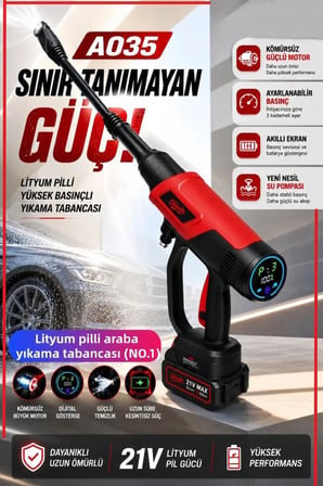 Profesyonel Kömürsüz Motor Dijital Göstergeli Ayarlanabilir Basınçlı Şarjlı Oto Yıkama Seti - A035