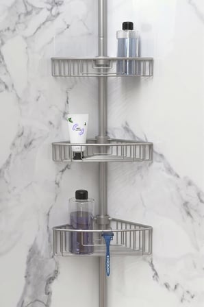 Primanova Yay Baskılı Kurulumu Kolay Üç Gözlü Alüminyum Yaylı Banyo Köşe Rafı  Mat Eloksal M-N29-30-E