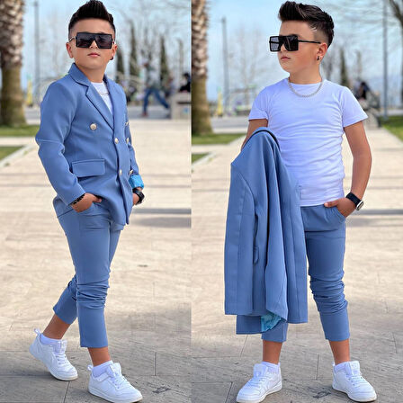 MODAVALS 4 PARÇA 6 DÜĞMELİ CEKETLİ ERKEK ÇOCUK TAKIM ELBİSE - BEYAZ TSHIRT