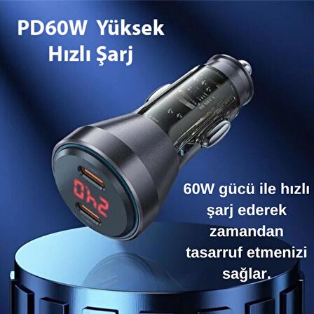 Coofbe Super Şarj  Dijital Göstergeli Çift Type-C Girişli PD60W Araç Şarjı Ve Type-C Şarj Kablosu 
