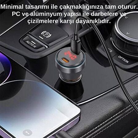 Coofbe Super Şarj  Dijital Göstergeli Çift Type-C Girişli PD60W Araç Şarjı Ve Type-C Şarj Kablosu 