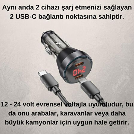 Coofbe Super Şarj  Dijital Göstergeli Çift Type-C Girişli PD60W Araç Şarjı Ve Type-C Şarj Kablosu 