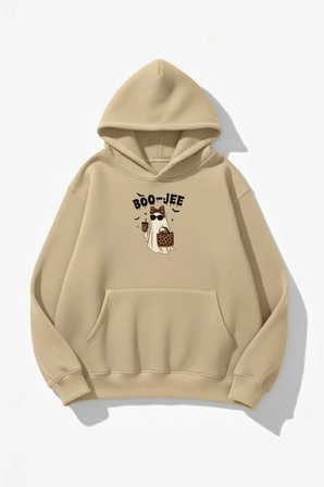 Unisex Yumuşak Dokulu Boo-Jee Ghost Baskılı Tasarım Oversize 3 İplik Hoodie Sweatshirt