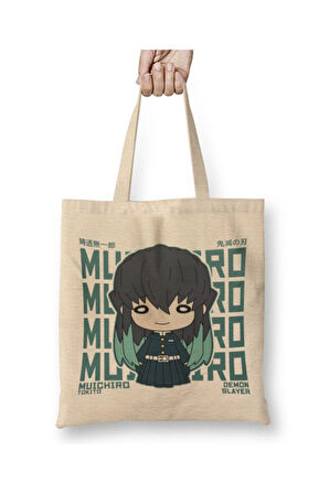 Demon Slayer Muichiro Chibi İblis Keser Beyaz Bez Çanta Uzun Saplı Alışveriş Çantası Plaj Çantası
