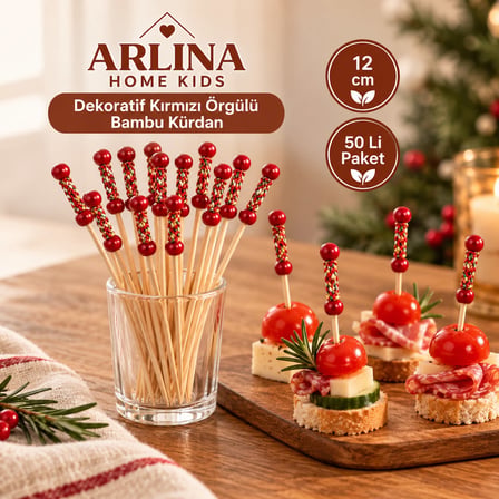 Dekoratif Kırmızı Örgülü Bambu Kürdan 12 cm 50'li Paket
