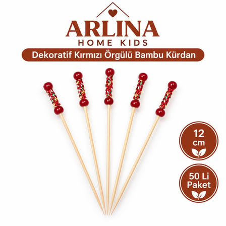 Dekoratif Kırmızı Örgülü Bambu Kürdan 12 cm 50'li Paket
