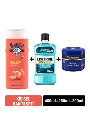 Le Petit Marseillais Beyaz Şeftali ve Nektarin Aromalı Nemlendirici Tüm Ciltler İçin Kalıcı Kokulu Duş Jeli 400 ml + Neutrogena Besleyici Bakım Kremi 300 ml + Listerine Cool Mint 250 ml