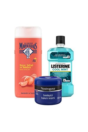 Le Petit Marseillais Beyaz Şeftali ve Nektarin Aromalı Nemlendirici Tüm Ciltler İçin Kalıcı Kokulu Duş Jeli 400 ml + Neutrogena Besleyici Bakım Kremi 300 ml + Listerine Cool Mint 250 ml