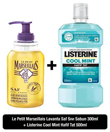 Listerine Cool Mint Hafif Tat Ağız Bakım Suyu 500 ml + Le Petit Marseillais Lavanta Balı Sıvı Sabun 300 ml