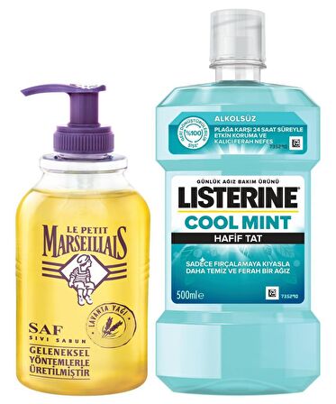 Listerine Cool Mint Hafif Tat Ağız Bakım Suyu 500 ml + Le Petit Marseillais Lavanta Balı Sıvı Sabun 300 ml