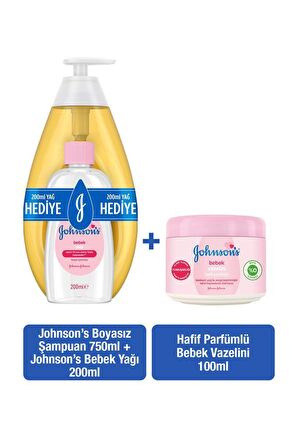 Johnson's Baby Göz Yakmayan Yenidoğan Uyumlu Saç ve Vücut Şampuanı 750 ml + Bebek Vazelini + Yağ