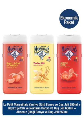 Le Petit Marseillais Beyaz Şeftali ve Nektarin 650 ml + Vanilya Sütü 650 ml + Akdeniz Çileği Duş Jeli 650 ml