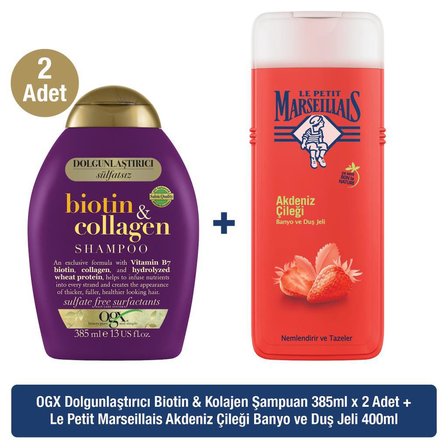 OGX Biotin & Kolajen Sülfatsız Şampuan x2 + Le Petit Marseillais Akdeniz Çileği Duş Jeli 400 ml