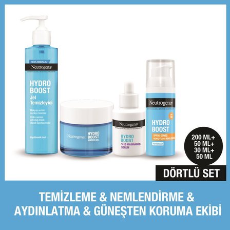 Neutrogena Hydro Boost SPF 50 Nemlendirici + Niasinamid Serum + Water Jel Temizleyici + Nemlendirici
