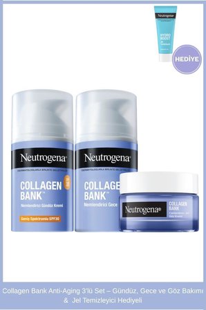 Collagen Bank Anti-Aging 3'lü set - Gündüz, Gece ve Göz Bakımı & Jel Temizleyici Hediyeli