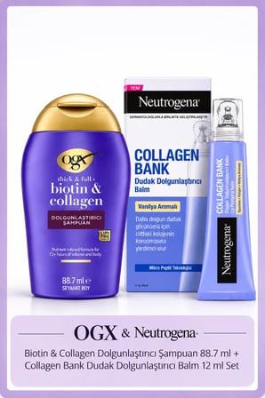 OGX Biotin & Collagen Dolgunlaştırıcı Şampuan 88.7 ml + Neutrogena Collagen Bank Dudak Balmı 12 ml Set