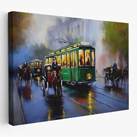 Eski Tramvay Retro Yağlıboya Görünüm Dekoratif Kanvas Duvar Tablosu-3574