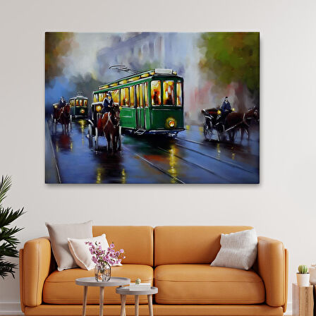 Eski Tramvay Retro Yağlıboya Görünüm Dekoratif Kanvas Duvar Tablosu-3574