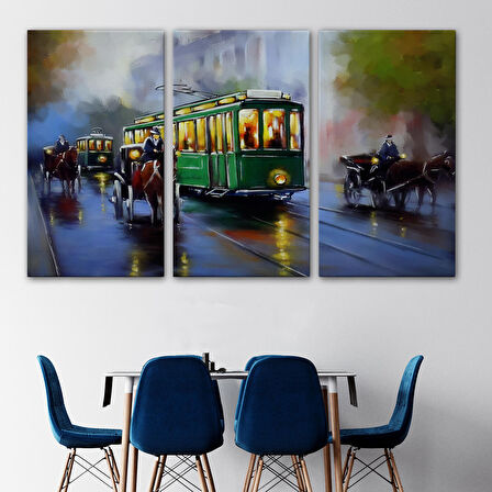 Eski Tramvay Retro Yağlıboya Görünüm Dekoratif Kanvas Duvar Tablosu-3574