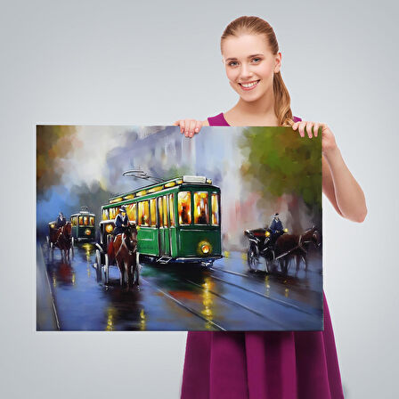 Eski Tramvay Retro Yağlıboya Görünüm Dekoratif Kanvas Duvar Tablosu-3574