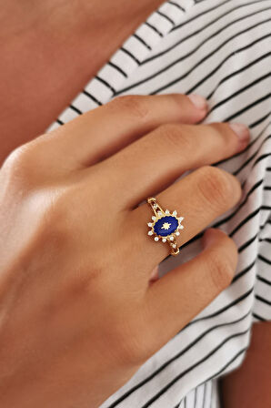 Mavi Mineli Altın Taşlı Kadın Yüzük