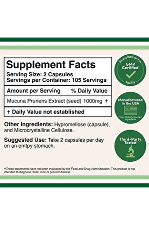 Mucuna Puriens Extract 1000mg 210 Veg. Kapsül.usa vers.