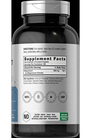 Magnesium Citrate | 400mg | 200 Caplets | Vegetarian, Non-GMO, and Gluten Free Supplement