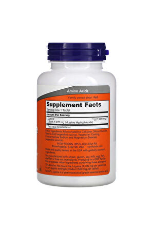 NOW Foods, Çift Güçlü L-,lysine, 1.000 mg, 100 Tablet