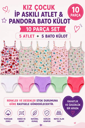 Kız Çocuk Desenli İp Askılı Atlet ve Fitilli Bato Külot Seti 10 Parça (Tutku Yetkili Satıcısı) – 5 Desenli Atlet 5 Fitilli Bato Külot