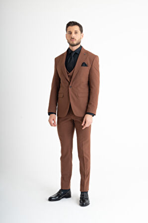 Slim Fit Yelekli Takım Elbise - Kahverengi 56