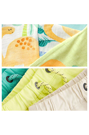 Next Baby % 100 Pamuklu Yeşil Dinazor Desenli Kısa Kollu Tshirt Şort 3’lü Alt Üst Takım