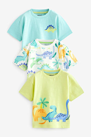 Next Baby % 100 Pamuklu Yeşil Dinazor Desenli Kısa Kollu Tshirt Şort 3’lü Alt Üst Takım