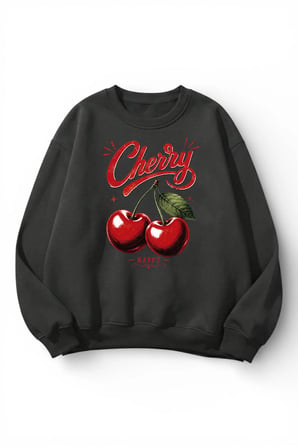 Unisex Yumuşak Dokulu Retro Cherry Baskılı Tasarım Oversize 3 İplik Bisiklet Yaka Sweatshirt
