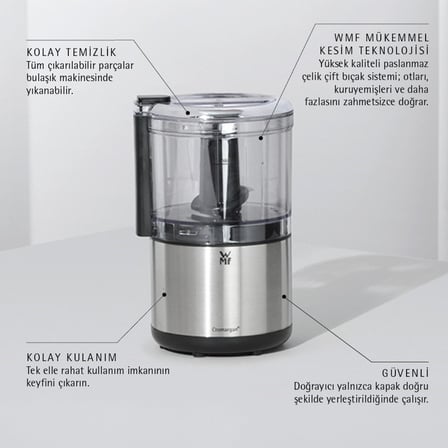  WMF Kitchenminis Doğrayıcı 0.3L Gümüş Renkli 2 Bıçaklı Plastik Malzemeden Üretilmiştir