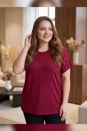 Wearon Kadın Pınar Kare Nervürlü Taşlı Bordo Tişört