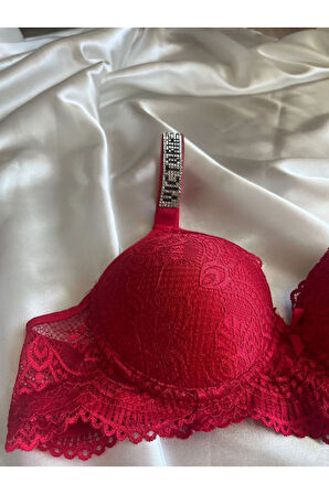 Kırmızı Dantelli Taşlı Balenli Destekli Sütyen Takım