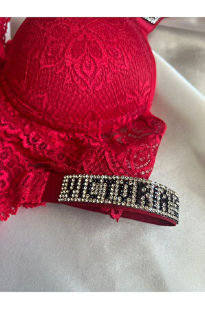 Kırmızı Dantelli Taşlı Balenli Destekli Sütyen Takım