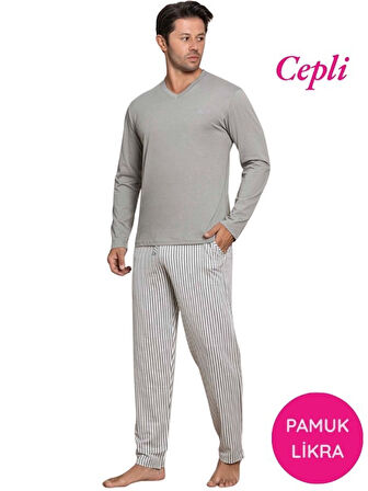 Erkek Düğmesiz Çizgili Jakarlı Kumaş Mevsimlik Kol Manşetli Uzun Kol Cepli Pijama Takımı