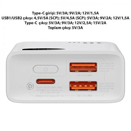 Baseus Super 30 W 10000 mAh Hızlı Şarj Powerbank Beyaz 