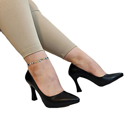 Fiyra 7036 Siyah Cilt İnce Kadeh Topuk Stiletto Topuklu Ayakkabı