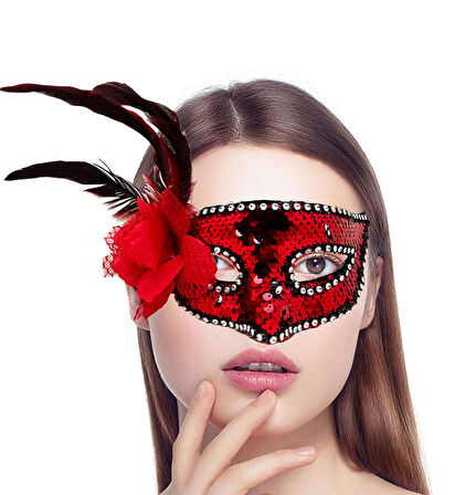 Himarry Kırmızı Renk Yandan Tüylü Güllü Gümüş Taşlı Pullu Maske 20x22 cm